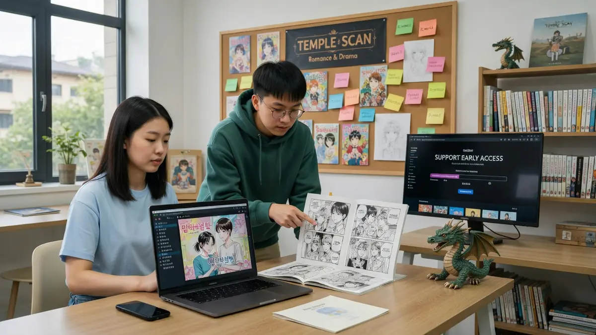 Deux jeunes personnes travaillent ensemble sur la traduction de mangas au sein de l'équipe temple Scan