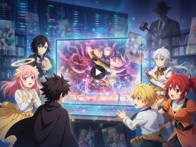 Des personnages d'anime visionnent une scène d'action sur grand écran dans VoirAnime