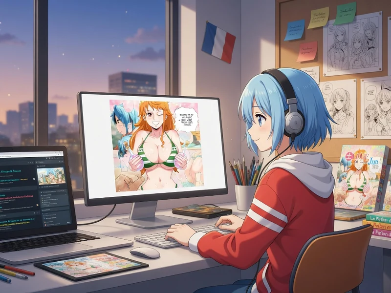 Une illustratrice au casque crée du doujin vf sur son ordinateur face à une grande fenêtre