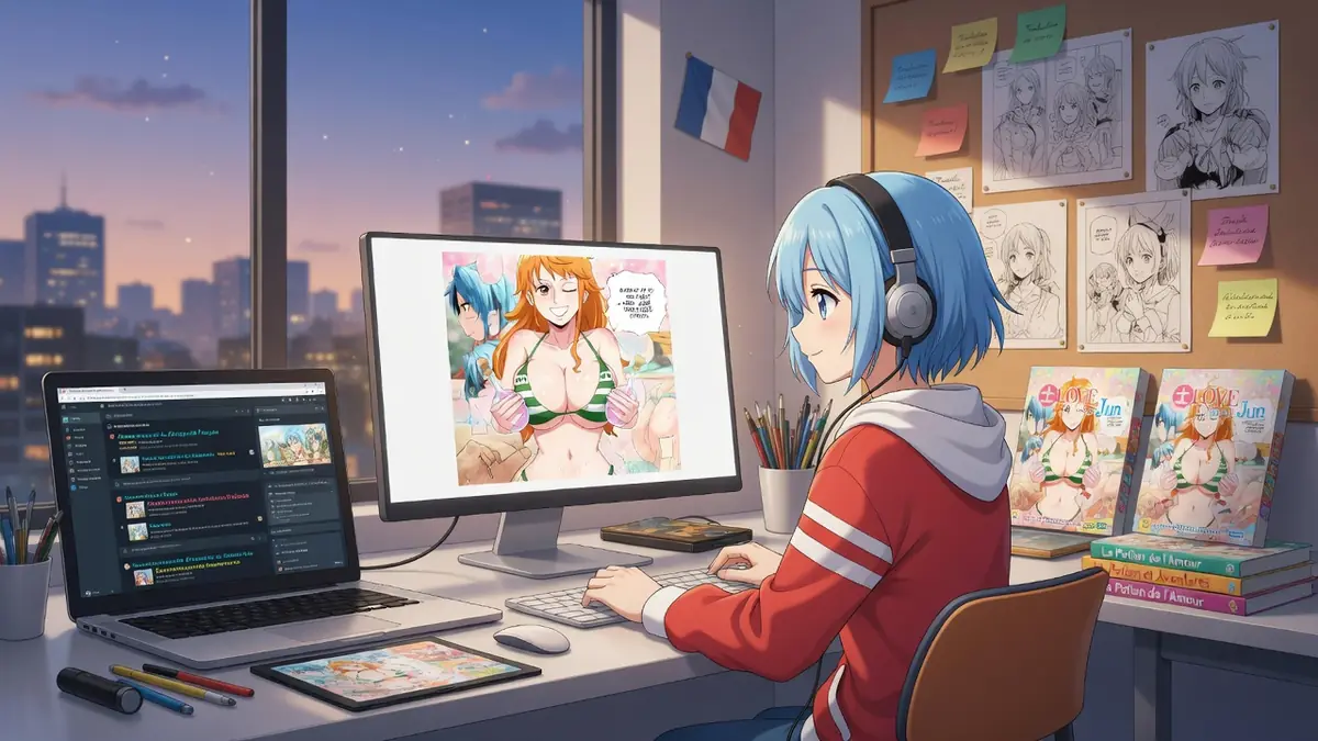 Une illustratrice au casque crée du doujin vf sur son ordinateur face à une grande fenêtre