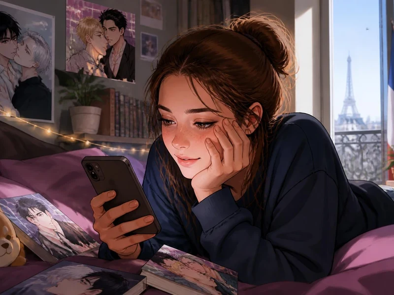 Une jeune femme lit passionnément un yaoi scan sur son smartphone dans sa chambre décorée de posters manga