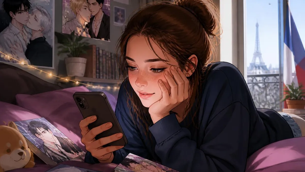 Une jeune femme lit passionnément un yaoi scan sur son smartphone dans sa chambre décorée de posters manga
