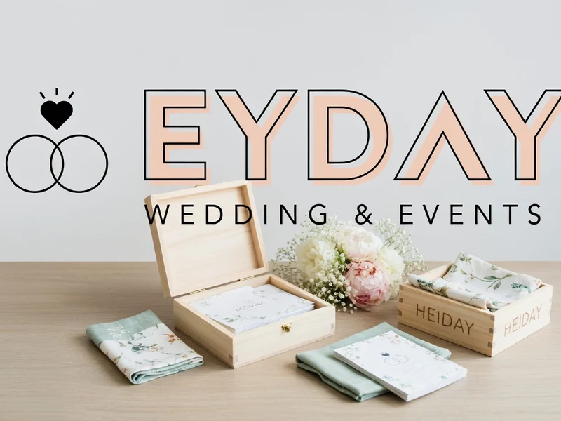 Des coffrets en bois contenant du linge Eyday et un bouquet de fleurs reposent sur une table