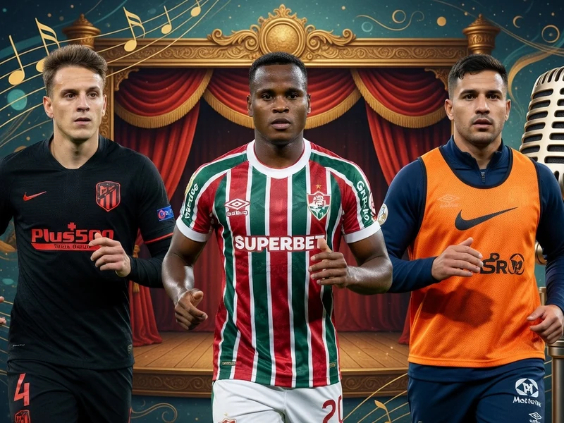 Trois footballeurs posent sur une scène d'opéra avec des arias