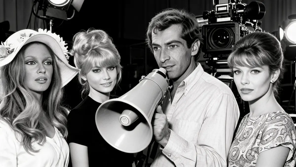 Roger Vadim épouses posent sur un plateau de cinéma avec caméras et lumières