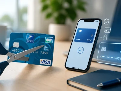 Une paire de ciseaux coupe la carte prépayée La Banque Postale pour illustrer son remplacement par le paiement mobile