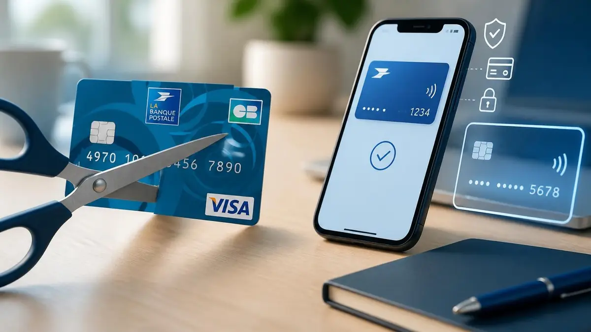 Une paire de ciseaux coupe la carte prépayée La Banque Postale pour illustrer son remplacement par le paiement mobile