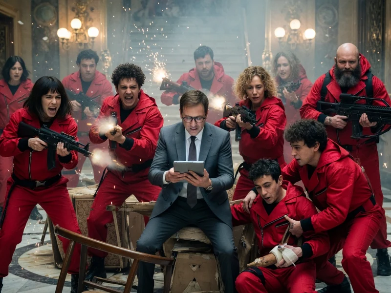 Les braqueurs en combinaison rouge affrontent les forces de l'ordre dans une scène intense de la Casa de Papel saison 5
