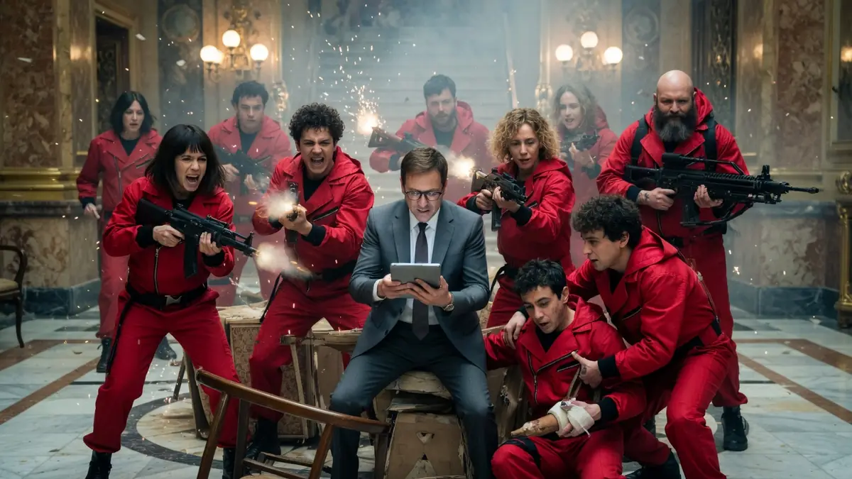 Les braqueurs en combinaison rouge affrontent les forces de l'ordre dans une scène intense de la Casa de Papel saison 5