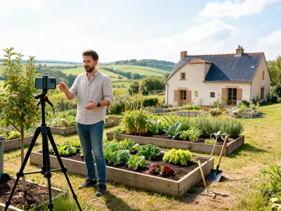 Un homme enregistre une vidéo dans son jardin pour La Clé des champs
