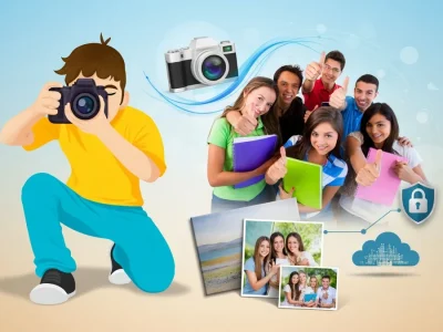Un garçon en t-shirt jaune prend en photo un groupe d'amis avec des impressions pour commande Photo FR