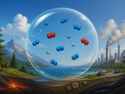 Représentation moléculaire illustrant la composition de l'air au-dessus d'un paysage naturel et industriel