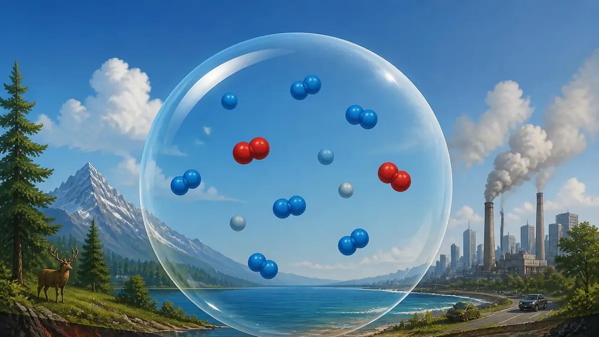 Représentation moléculaire illustrant la composition de l'air au-dessus d'un paysage naturel et industriel