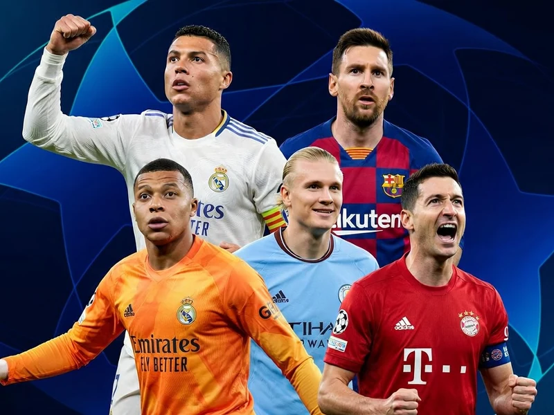 Montage des joueurs Ronaldo, Messi, Mbappé, Haaland et Lewandowski pour le meilleur buteur en Ligue des champions