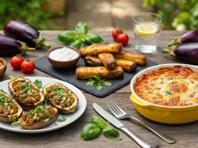 Une table en bois présente des plats d'aubergines pour une recette facile avec des aubergines