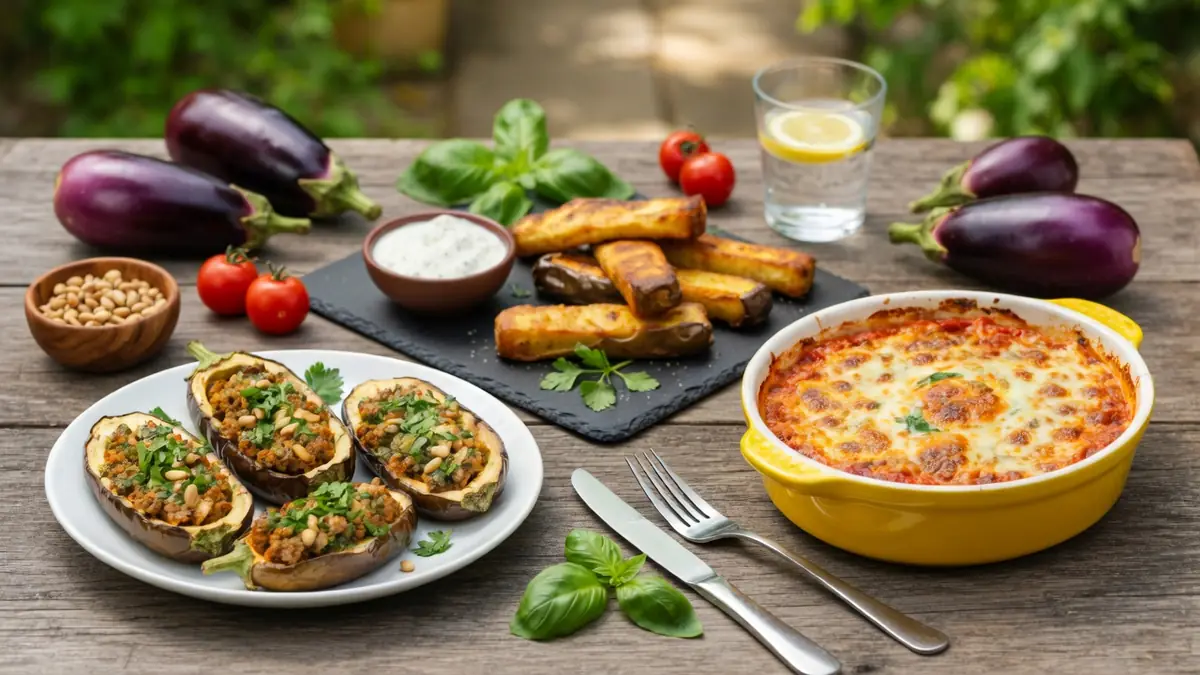 Une table en bois présente des plats d'aubergines pour une recette facile avec des aubergines