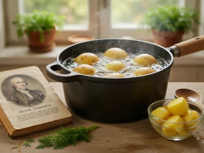 Casserole fumante illustrant la cuisson pommes de terres à l eau sur une table en bois