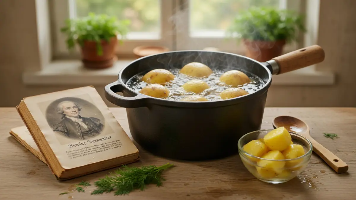 Casserole fumante illustrant la cuisson pommes de terres à l eau sur une table en bois