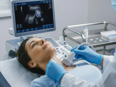 Un médecin procède à une cytoponction thyroïdienne échoguidée sur une patiente