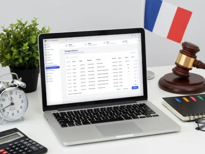 Un ordinateur sur un bureau d'avocat illustrant la dématérialisation des factures cabinet avocats