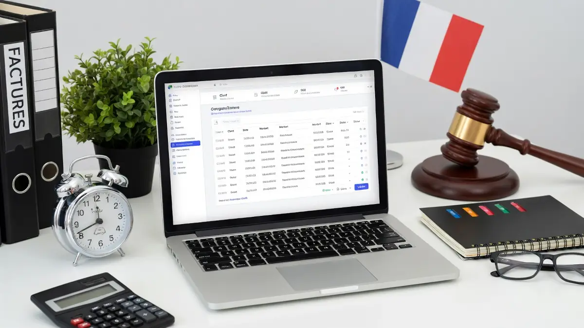 Un ordinateur sur un bureau d'avocat illustrant la dématérialisation des factures cabinet avocats