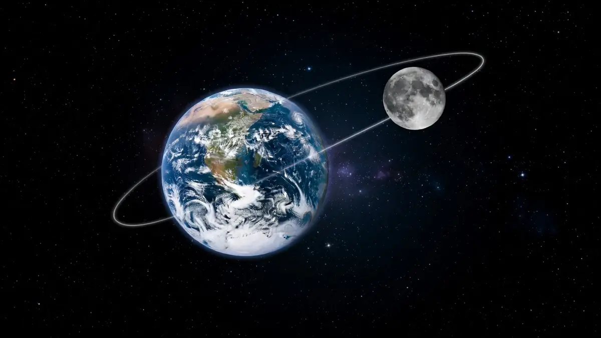 La Terre et la Lune dans l'espace avec la distance entre Terre et Lune mise en évidence