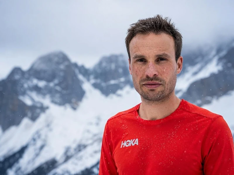 Thibaut Garrivier se tient en tenue rouge devant des montagnes enneigées
