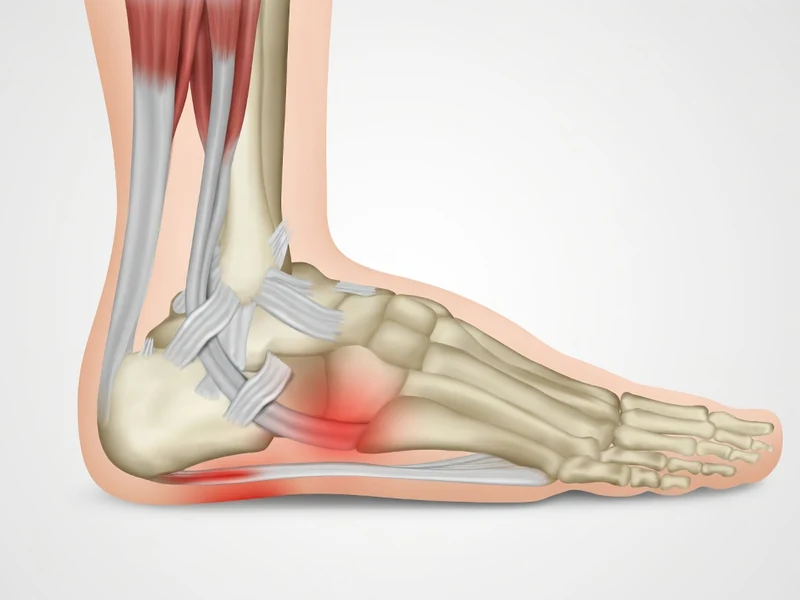 Illustration anatomique latérale du pied avec zones rouges signalant la douleur du talon