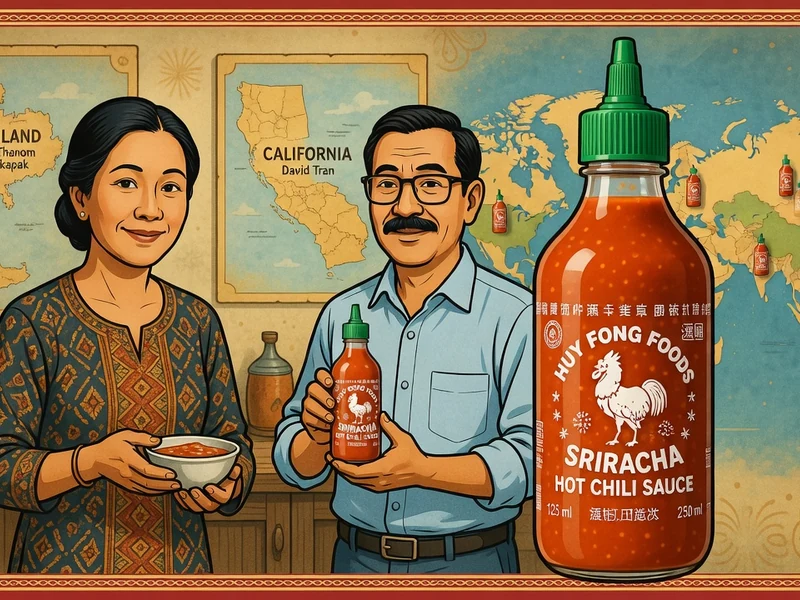 Une femme et un homme tiennent un bol et une bouteille de sauce Sriracha devant une carte du monde