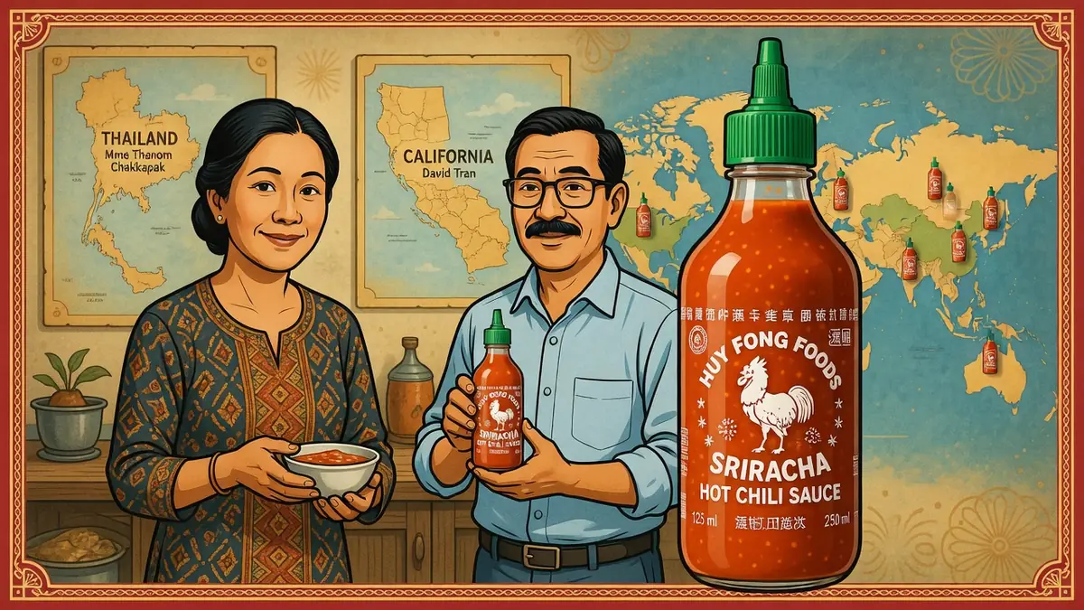 Une femme et un homme tiennent un bol et une bouteille de sauce Sriracha devant une carte du monde