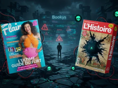 Des magazines flottent dans un paysage numérique sombre et dangereux autour de Bookys