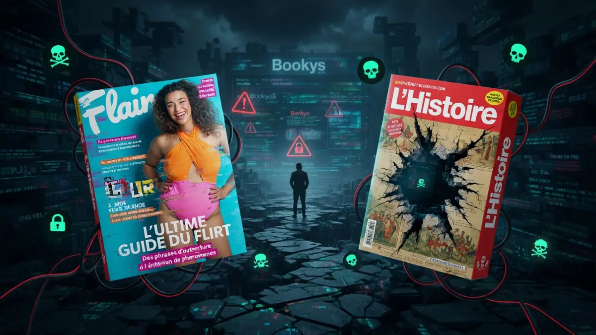 Des magazines flottent dans un paysage numérique sombre et dangereux autour de Bookys