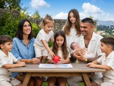 La famille Esposito profite d'un moment convivial autour d'une table en extérieur