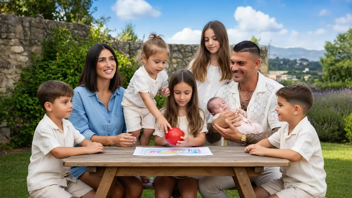 La famille Esposito profite d'un moment convivial autour d'une table en extérieur