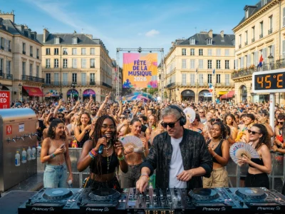 Une foule danse devant des DJ lors d'une canicule extrême pendant la Fête de la Musique