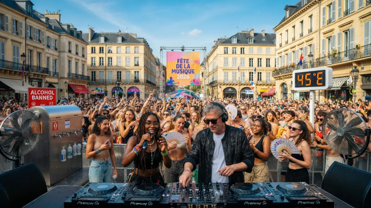Une foule danse devant des DJ lors d'une canicule extrême pendant la Fête de la Musique