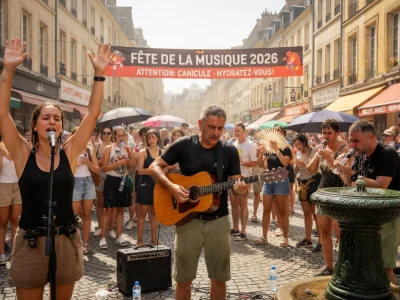 Des musiciens se produisent dans une rue bondée lors d'une fête Musique canicule avec un public cherchant de l'ombre