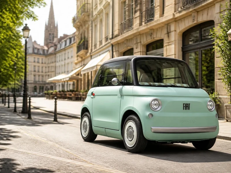 Une petite Fiat sans permis de couleur vert menthe circule dans une rue pavée ensoleillée