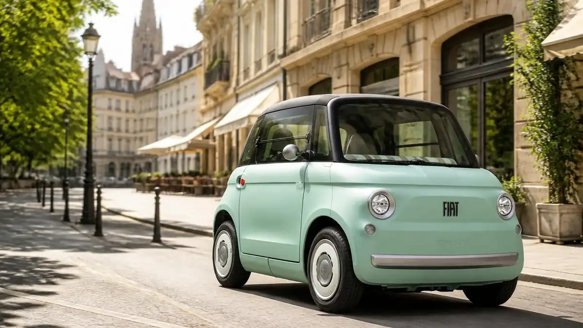 Une petite Fiat sans permis de couleur vert menthe circule dans une rue pavée ensoleillée