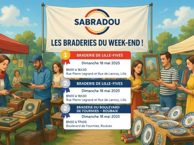 Une braderie extérieure animée avec des gens achetant des articles de seconde main chez Sabradou