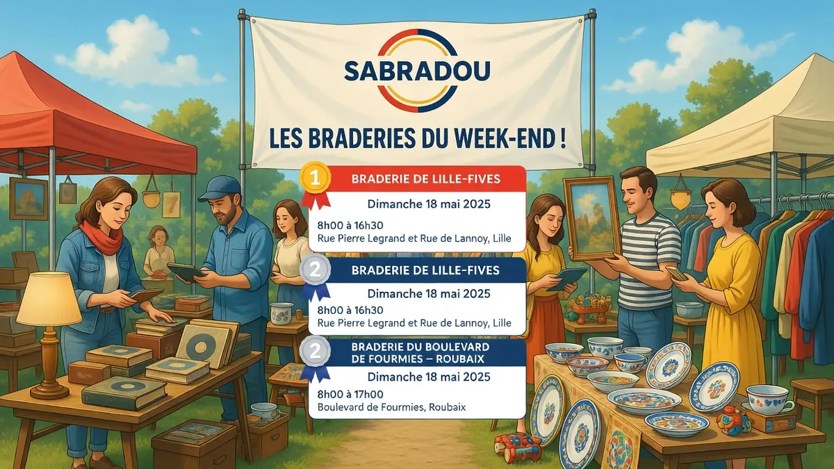 Une braderie extérieure animée avec des gens achetant des articles de seconde main chez Sabradou