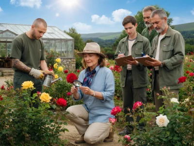Une femme et son équipe inspectent la fine fleur dans une roseraie sous un ciel ensoleillé