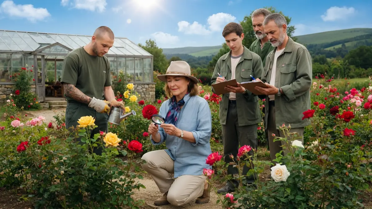 Une femme et son équipe inspectent la fine fleur dans une roseraie sous un ciel ensoleillé