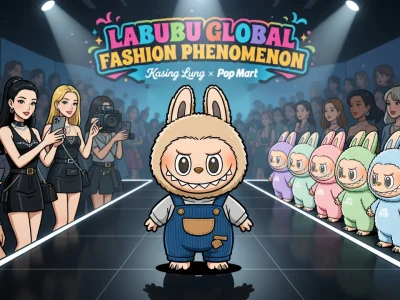 la Bubu se tient au centre d'un défilé de mode entourée de mannequins et de personnages colorés
