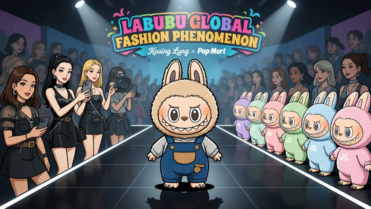 la Bubu se tient au centre d'un défilé de mode entourée de mannequins et de personnages colorés