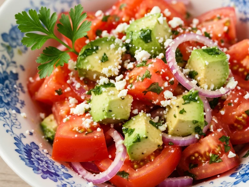 Dans un bol à motifs bleus, une salade d'avocat et tomates est garnie d'oignons rouges et de fromage émietté