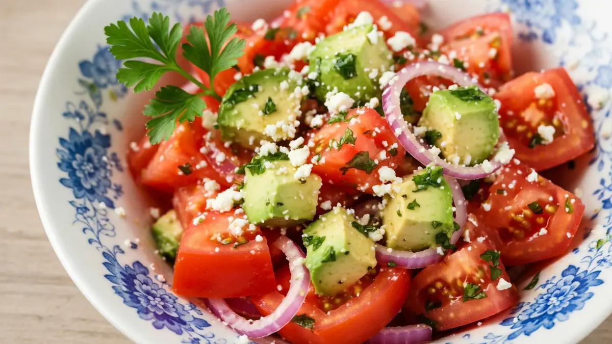 Dans un bol à motifs bleus, une salade d'avocat et tomates est garnie d'oignons rouges et de fromage émietté
