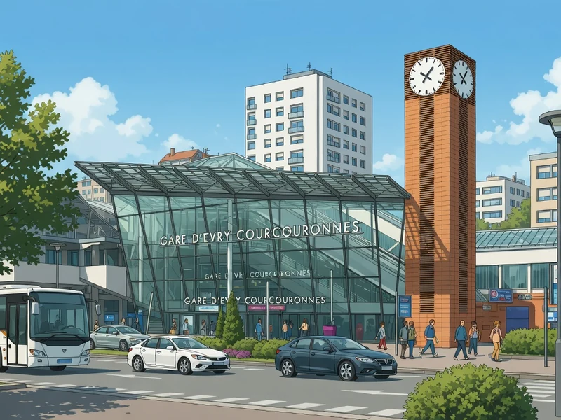 Une vue animée de la gare evry courcouronne avec bus voitures et piétons près d'une tour horloge