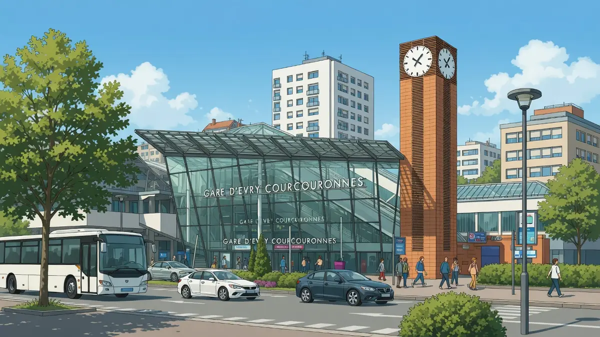 Une vue animée de la gare evry courcouronne avec bus voitures et piétons près d'une tour horloge