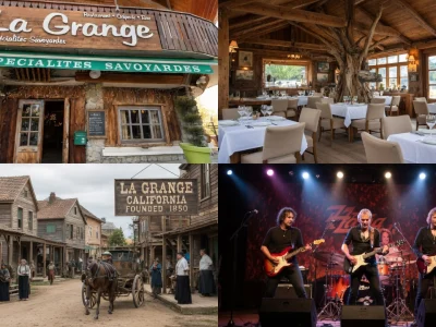 L'image montre la grange avec un chalet rustique, un restaurant chic, une rue ancienne et un concert de rock